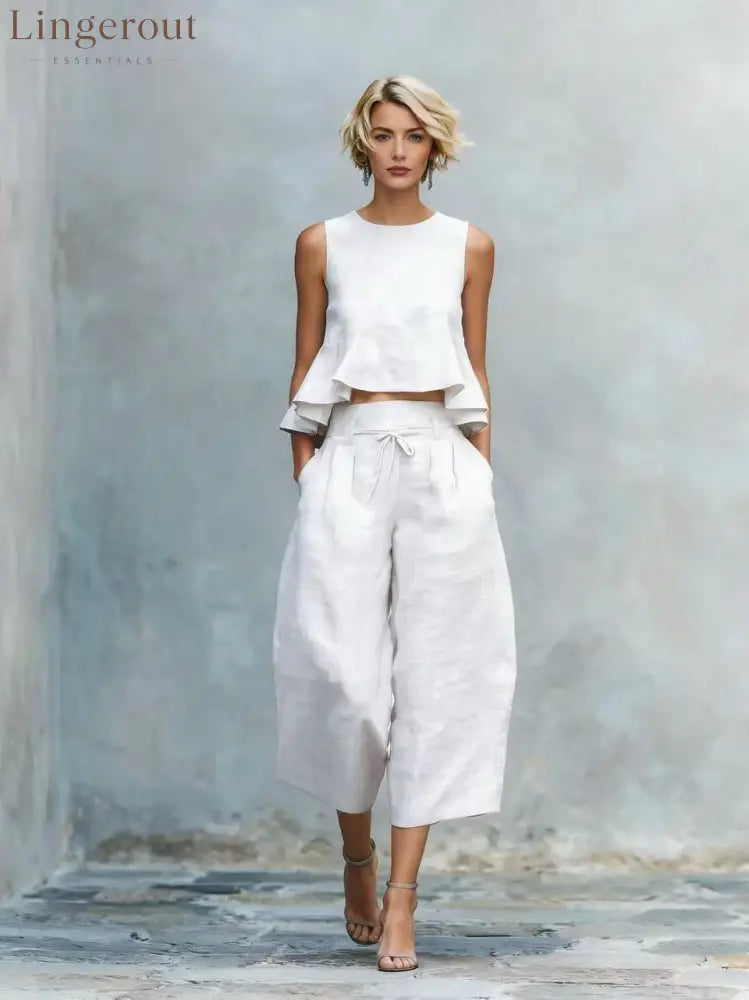 Linen Ruffle Crop Top Tie Waist Culotte Two Piece Set - White / S