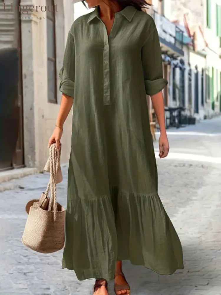 Linen Ruffle Hem Maxi Shirt Dress - Army green / S