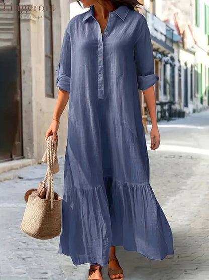 Linen Ruffle Hem Maxi Shirt Dress - Baby blue / S