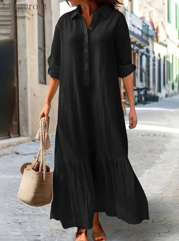 Linen Ruffle Hem Maxi Shirt Dress - Black / S