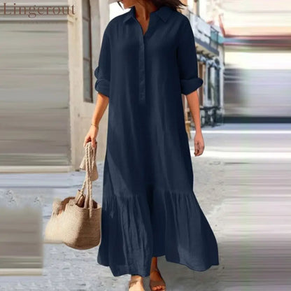 Linen Ruffle Hem Maxi Shirt Dress - Dark blue / S