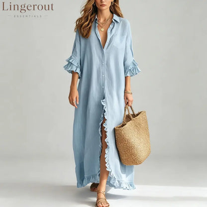 Linen Ruffle Trim 3/4 Sleeve Shirt Maxi Dress - Light blue / S