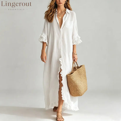 Linen Ruffle Trim 3/4 Sleeve Shirt Maxi Dress - White / S