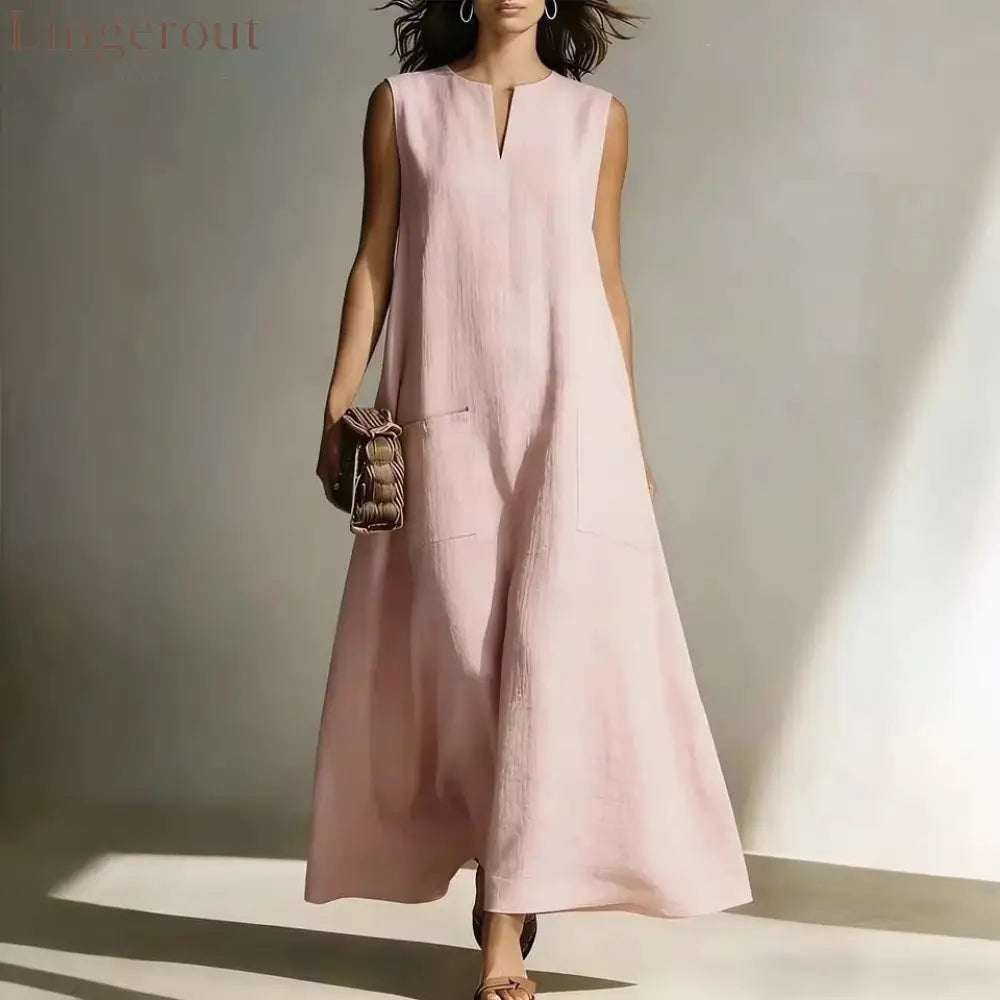 Linen Sleeveless Split Neck Pocket Tent Maxi Dress