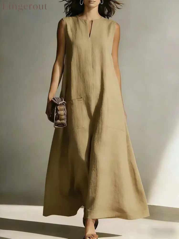 Linen Sleeveless Split Neck Pocket Tent Maxi Dress - Khaki / S