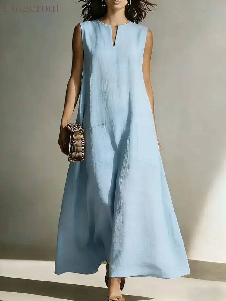 Linen Sleeveless Split Neck Pocket Tent Maxi Dress - Sky blue / S
