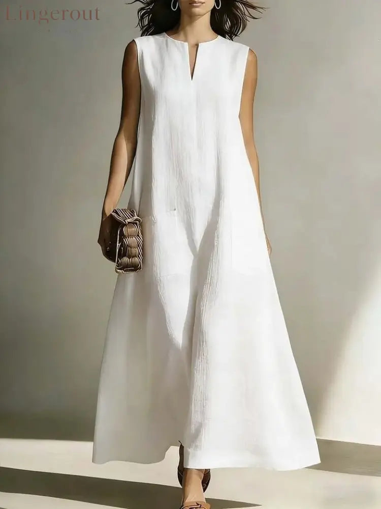 Linen Sleeveless Split Neck Pocket Tent Maxi Dress - White / S