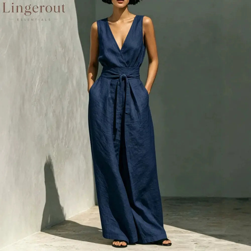 Linen Sleeveless Wrap V Neck Self Tie Belt Wide Leg Jumpsuit
