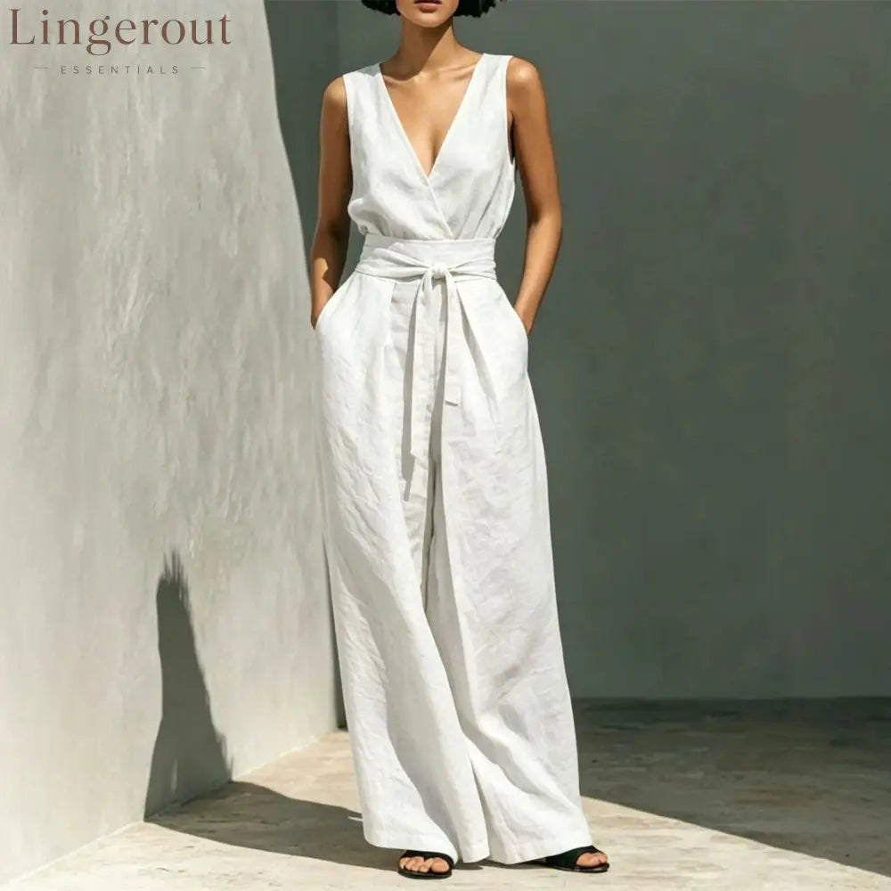 Linen Sleeveless Wrap V Neck Self Tie Belt Wide Leg Jumpsuit