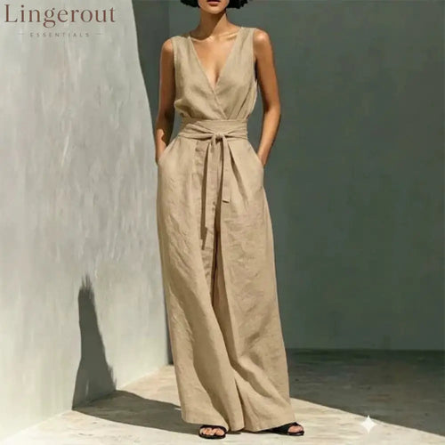Linen Sleeveless Wrap V Neck Self Tie Belt Wide Leg Jumpsuit