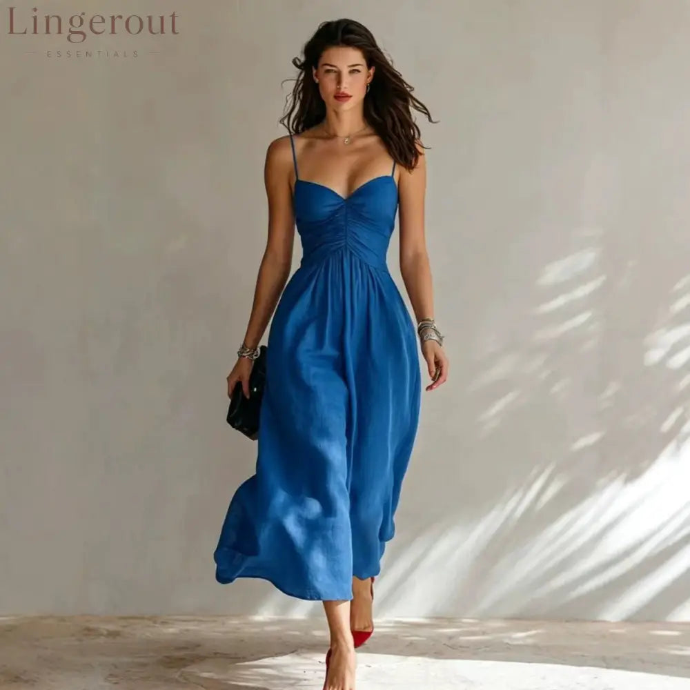 Linen Spaghetti Strap Sweetheart Ruched Bust Flowy Midi Dress