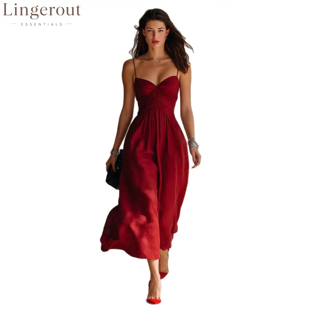 Linen Spaghetti Strap Sweetheart Ruched Bust Flowy Midi Dress
