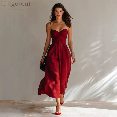 Linen Spaghetti Strap Sweetheart Ruched Bust Flowy Midi Dress