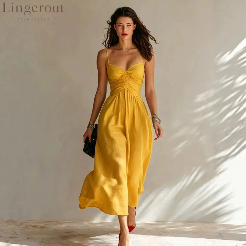 Linen Spaghetti Strap Sweetheart Ruched Bust Flowy Midi Dress
