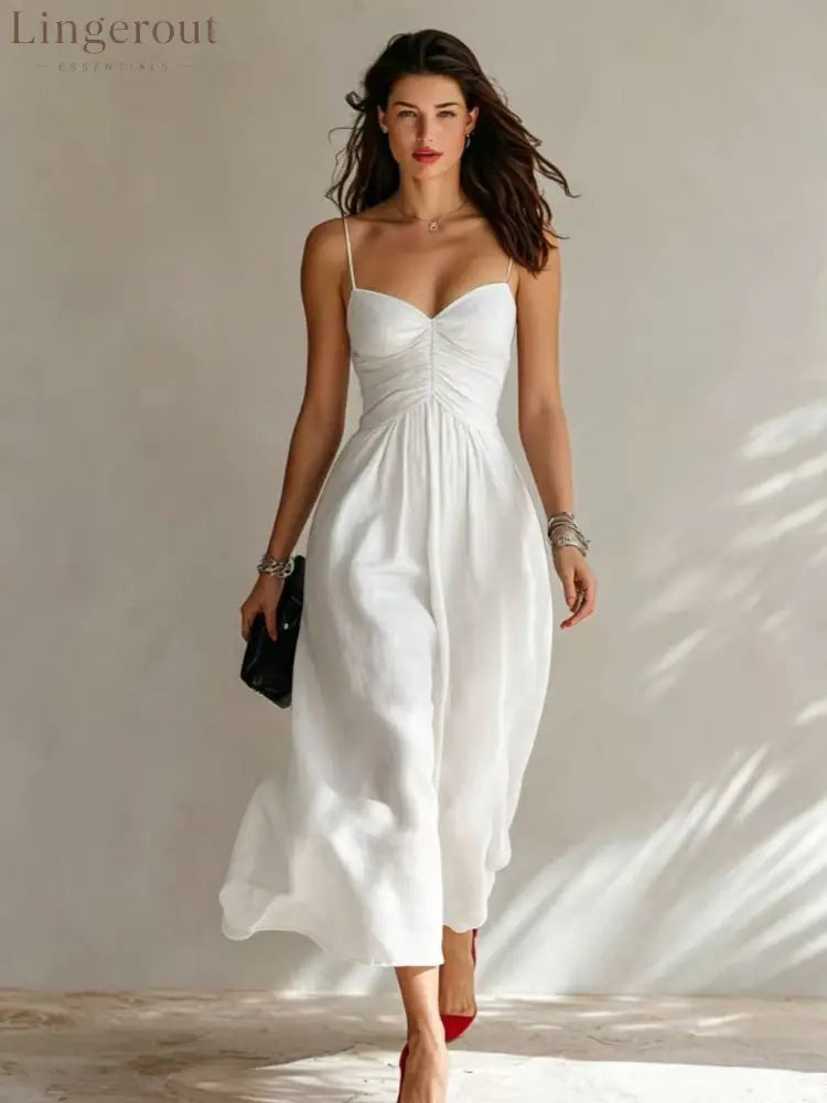 Linen Spaghetti Strap Sweetheart Ruched Bust Flowy Midi Dress - Ivory white / S