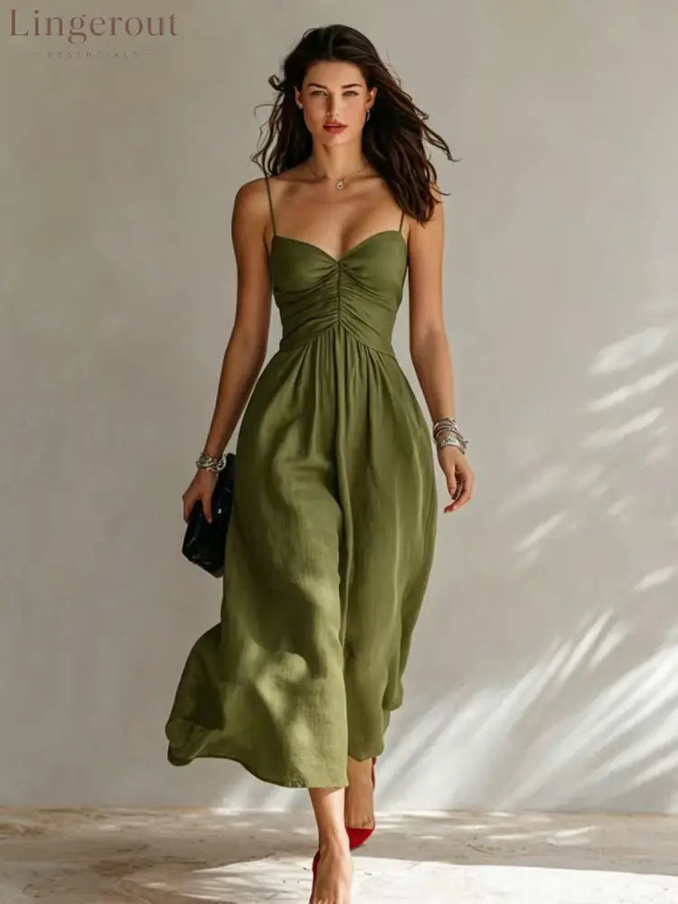 Linen Spaghetti Strap Sweetheart Ruched Bust Flowy Midi Dress - Olive green / S