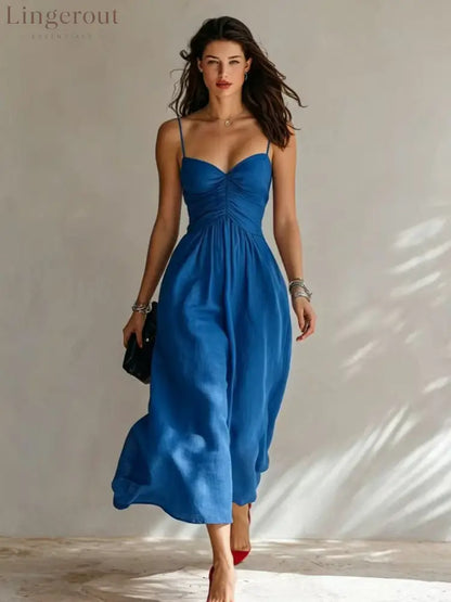 Linen Spaghetti Strap Sweetheart Ruched Bust Flowy Midi Dress - Royal blue / S