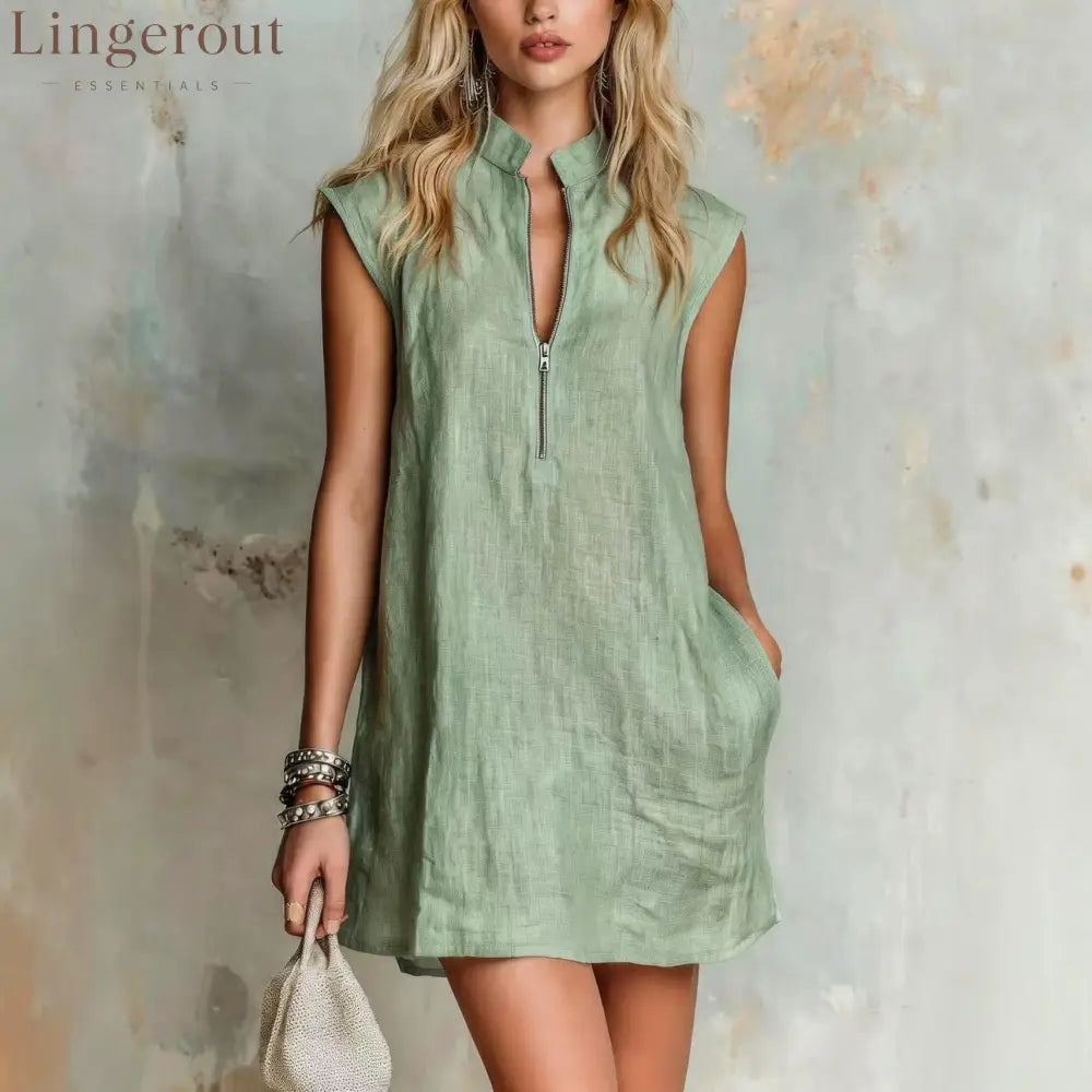 Linen Stand Collar Half Zip Sleeveless Pocket Mini Shift Dress