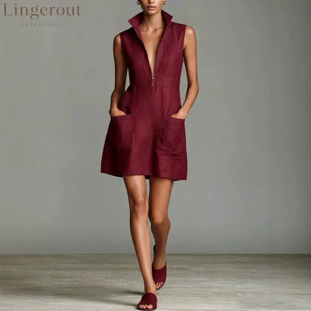 Linen Stand Collar Half Zip Sleeveless Pocket Mini Shift Dress