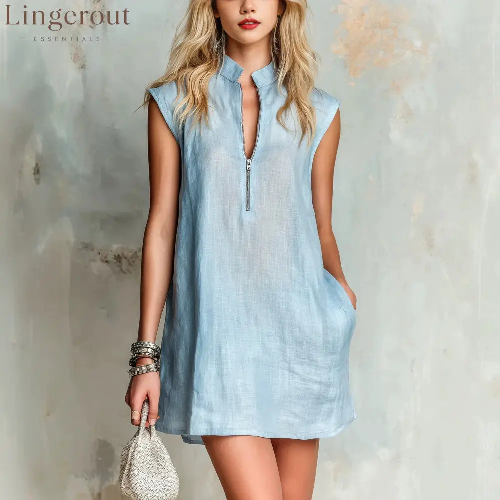 Linen Stand Collar Half Zip Sleeveless Pocket Mini Shift Dress