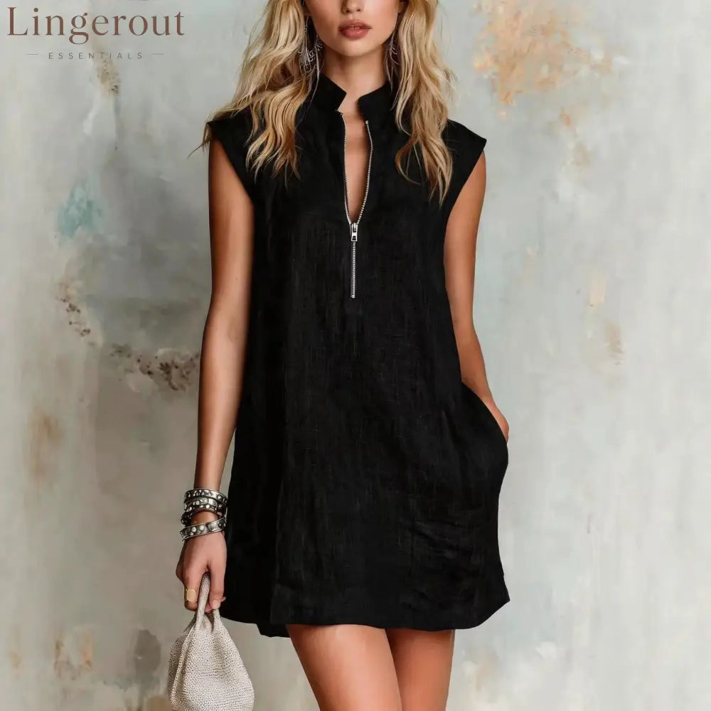 Linen Stand Collar Half Zip Sleeveless Pocket Mini Shift Dress
