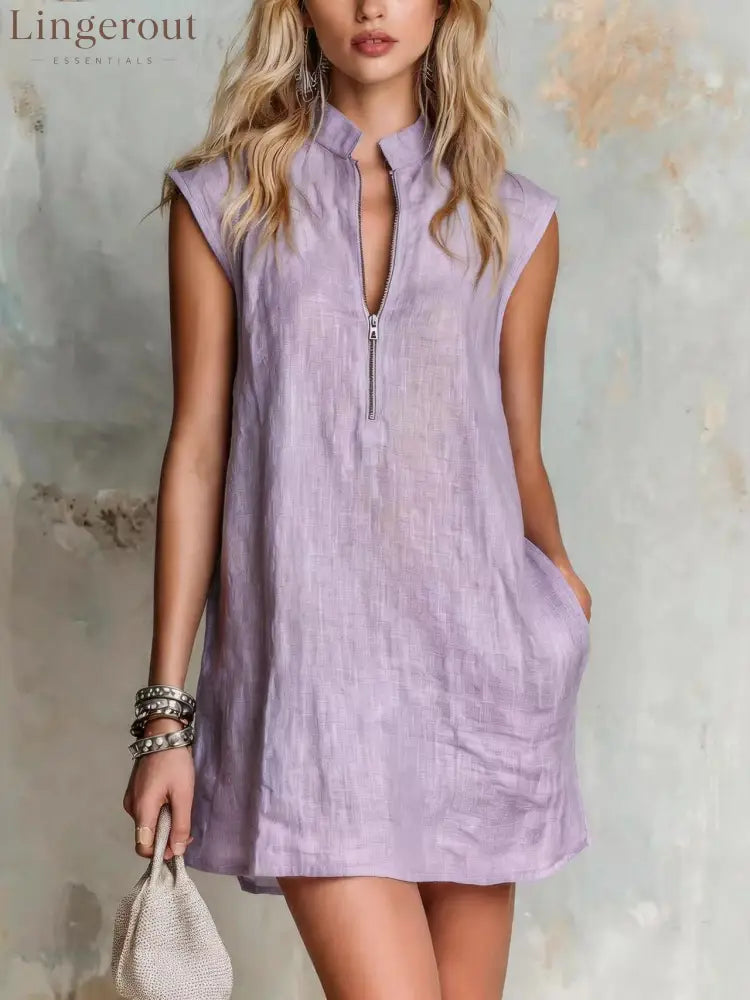 Linen Stand Collar Half Zip Sleeveless Pocket Mini Shift Dress - Light purple / S
