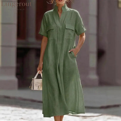 Linen Stand Collar Midi Shirt Dress