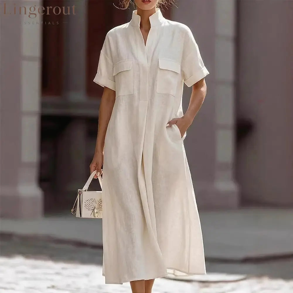 Linen Stand Collar Midi Shirt Dress
