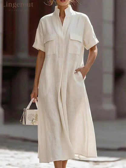 Linen Stand Collar Midi Shirt Dress - Apricot / S