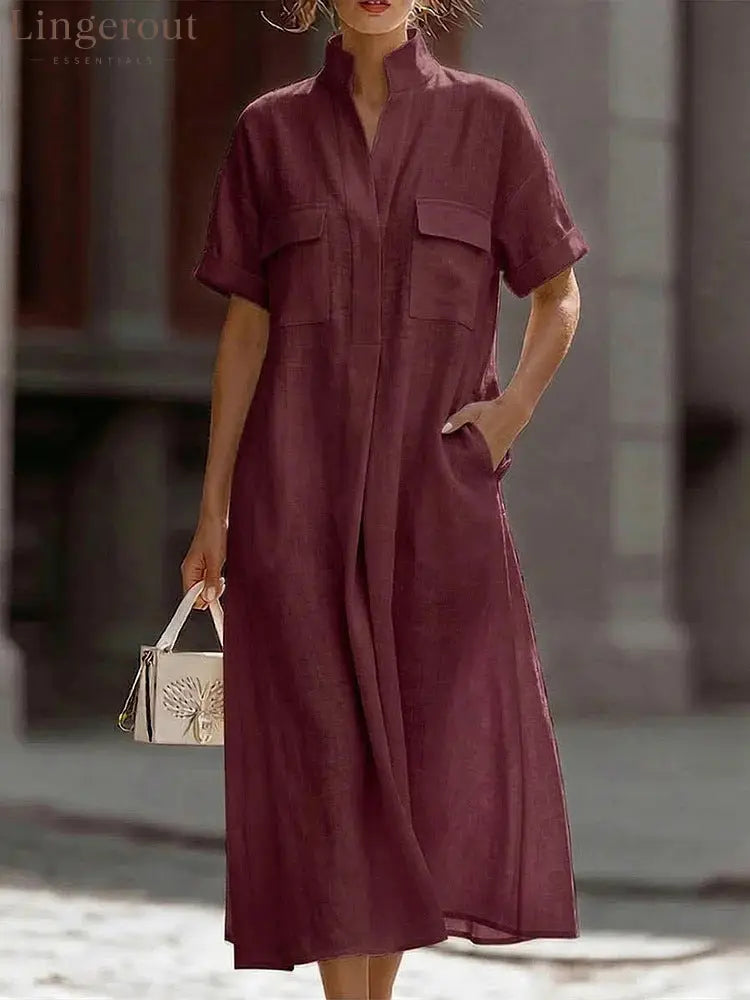 Linen Stand Collar Midi Shirt Dress - Deep red / S