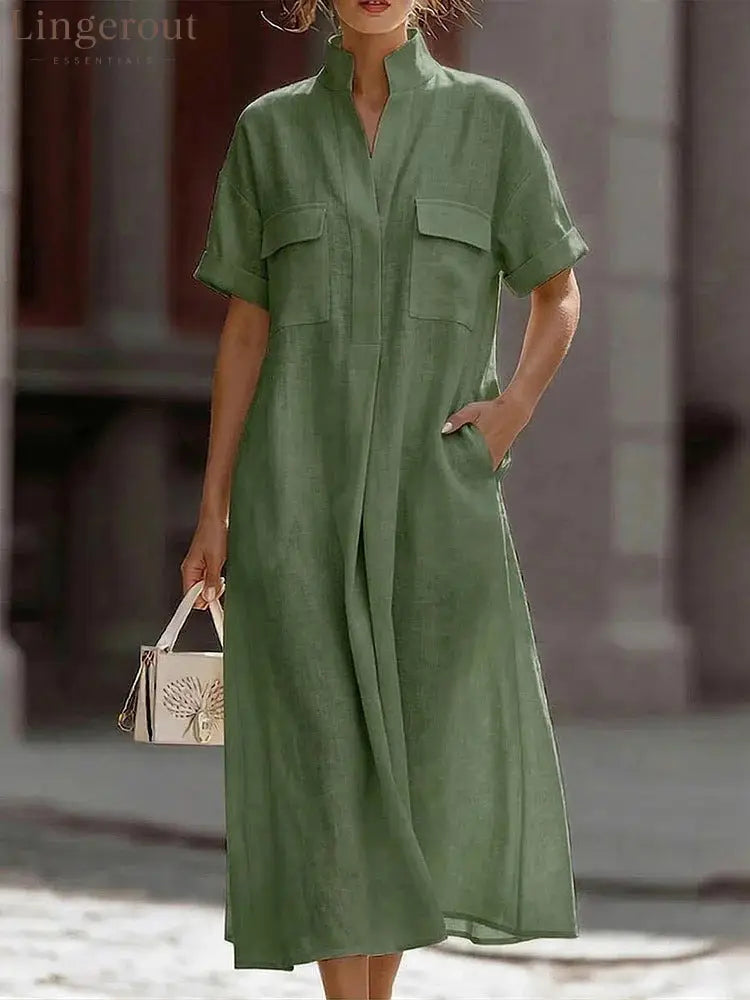 Linen Stand Collar Midi Shirt Dress - Green / S