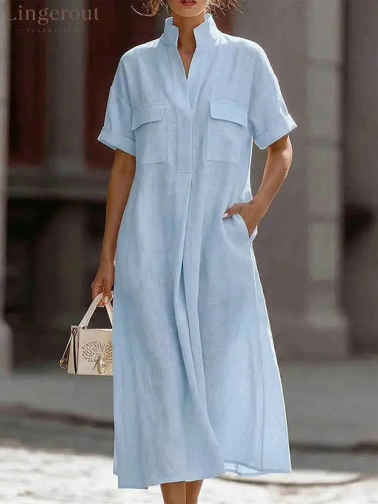 Linen Stand Collar Midi Shirt Dress - Light blue / S