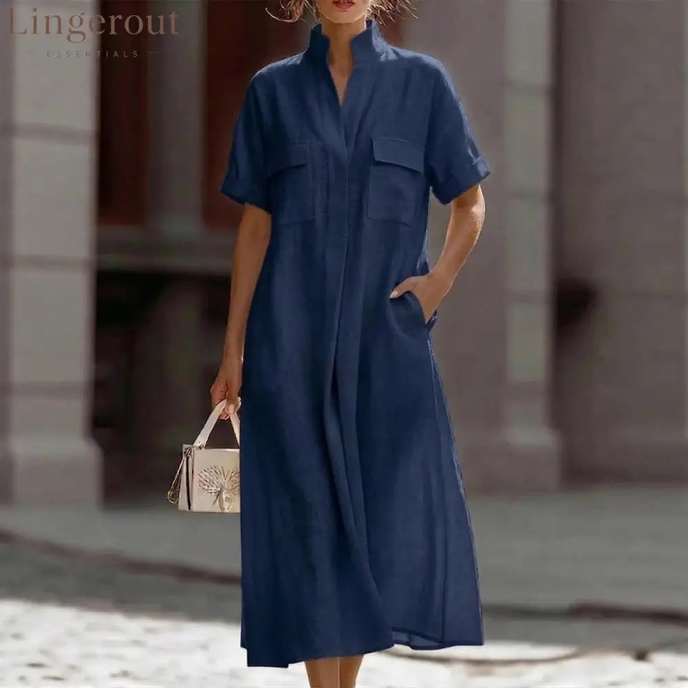 Linen Stand Collar Midi Shirt Dress - Navy blue / S