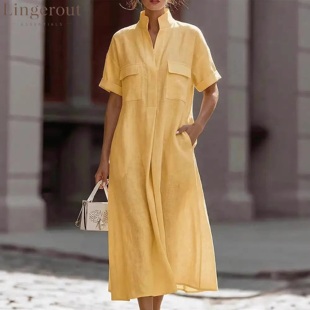 Linen Stand Collar Midi Shirt Dress - Yellow / S