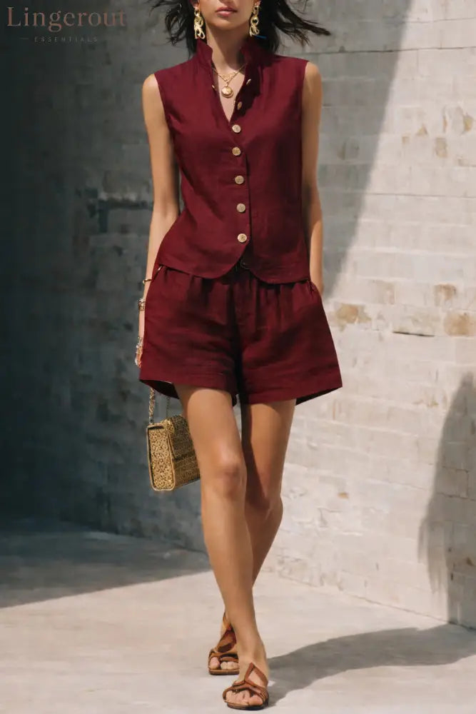 Linen Stand Collar Sleeveless Vest & Elastic Waist Shorts 2 Piece Co-Ord Set - Claret / S