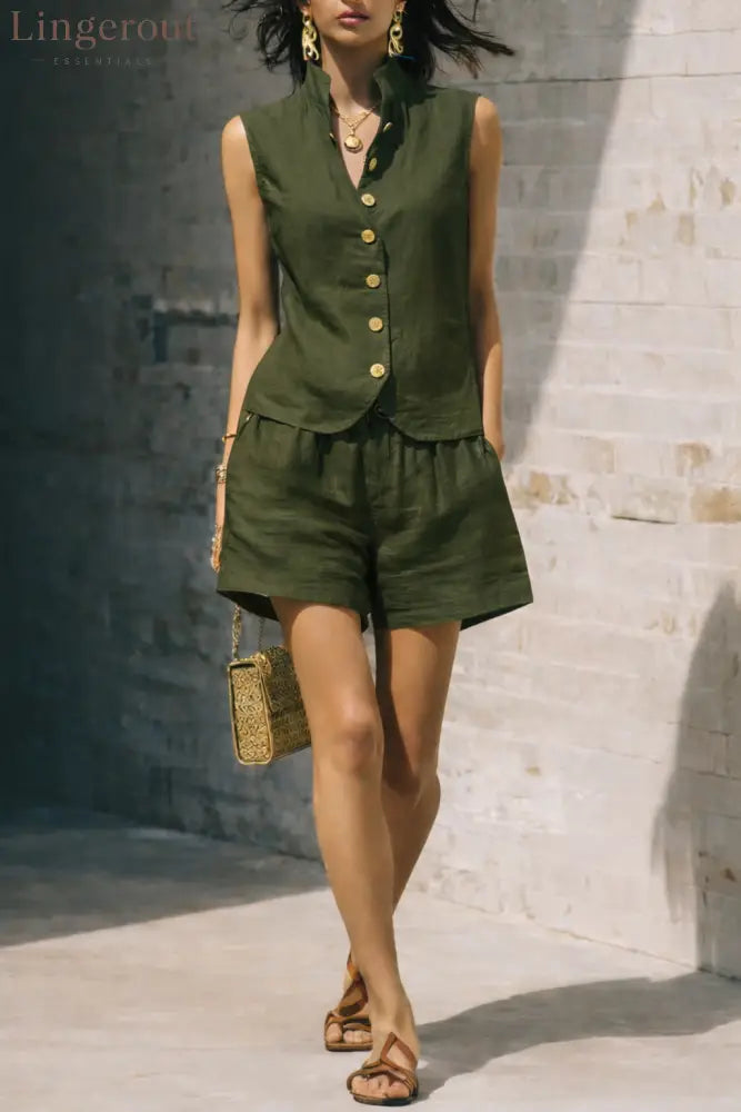 Linen Stand Collar Sleeveless Vest & Elastic Waist Shorts 2 Piece Co-Ord Set - Green / S