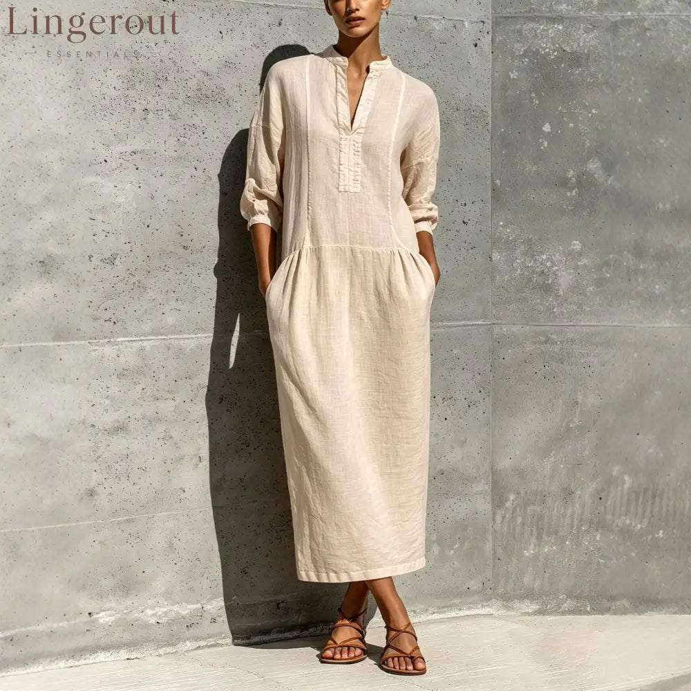 Linen Stand Collar Split V 3/4 Sleeve Drop Pocket Midi Dress