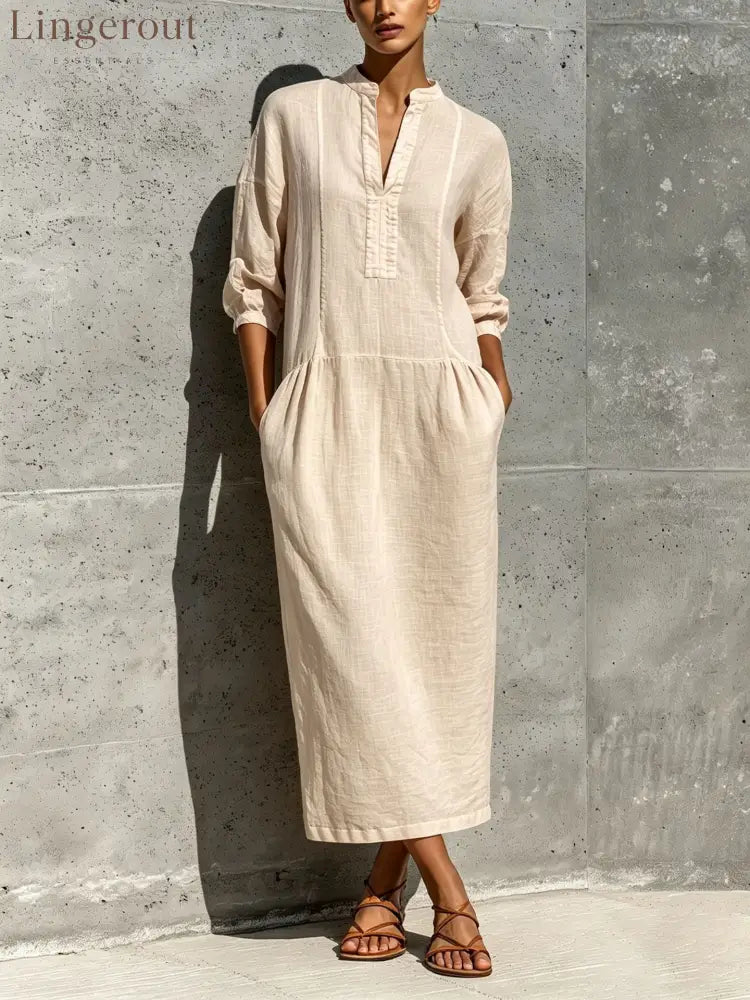 Linen Stand Collar Split V 3/4 Sleeve Drop Pocket Midi Dress - Apricot / S
