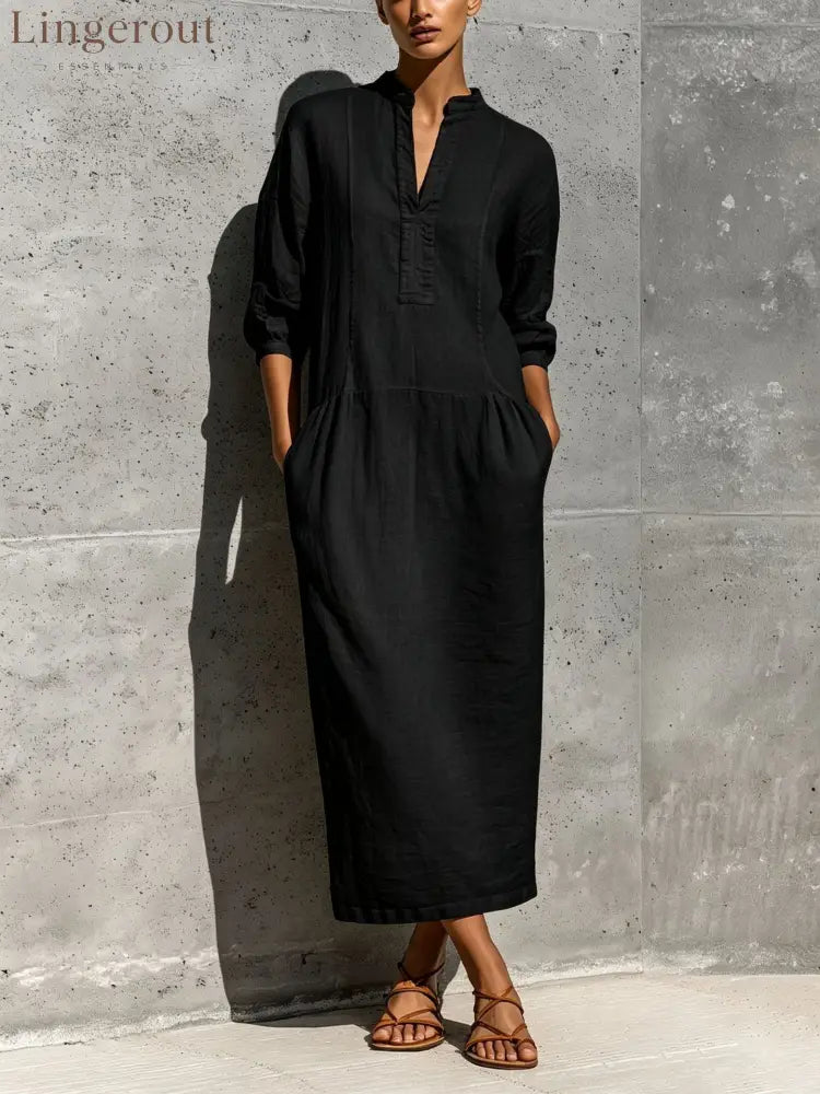 Linen Stand Collar Split V 3/4 Sleeve Drop Pocket Midi Dress - Black / S