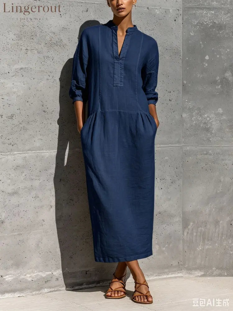 Linen Stand Collar Split V 3/4 Sleeve Drop Pocket Midi Dress - Dark blue / S