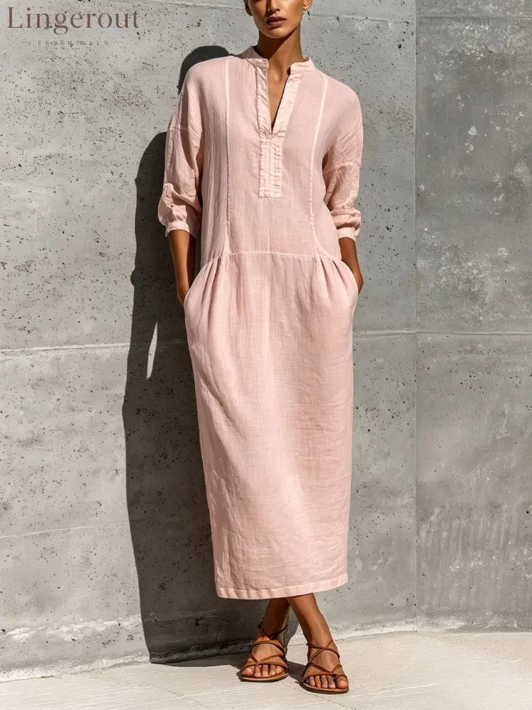 Linen Stand Collar Split V 3/4 Sleeve Drop Pocket Midi Dress - Pink / S