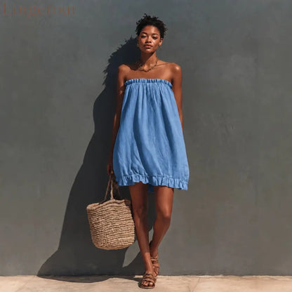 Linen Strapless Ruffle Trim Loose Tent Mini Dress