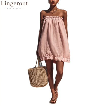 Linen Strapless Ruffle Trim Loose Tent Mini Dress