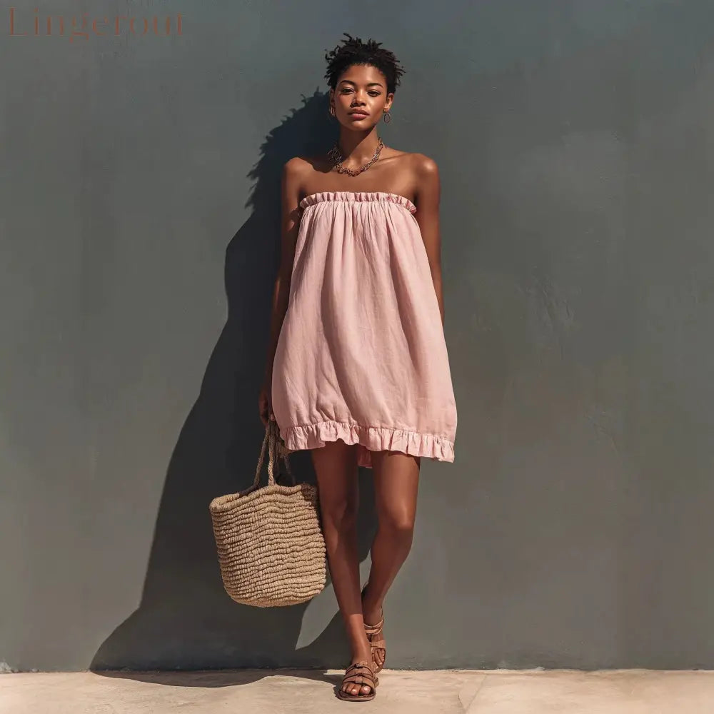 Linen Strapless Ruffle Trim Loose Tent Mini Dress