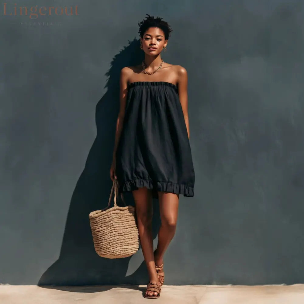 Linen Strapless Ruffle Trim Loose Tent Mini Dress