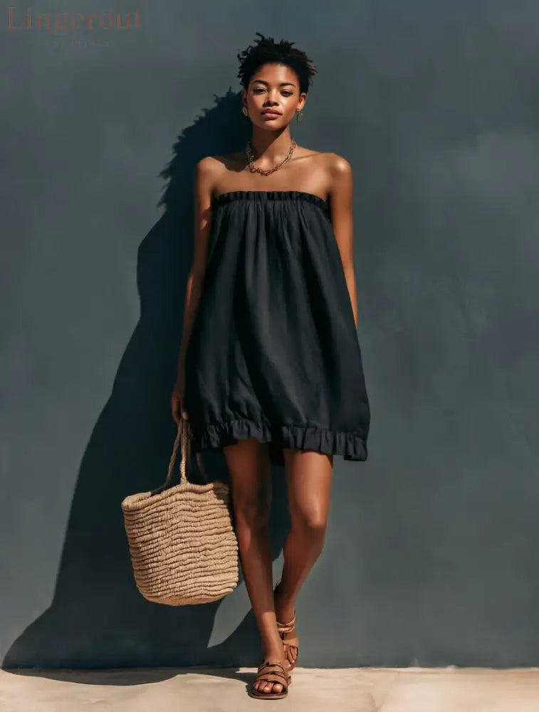 Linen Strapless Ruffle Trim Loose Tent Mini Dress - Black / S