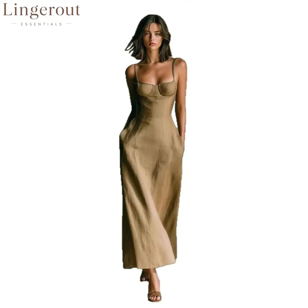 Linen Thin Strap Bustier Seamed Midi Slip Dress