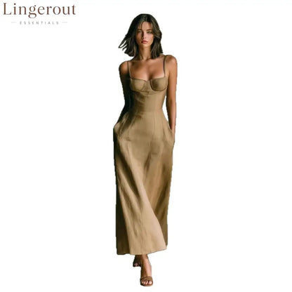 Linen Thin Strap Bustier Seamed Midi Slip Dress