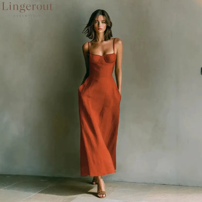 Linen Thin Strap Bustier Seamed Midi Slip Dress