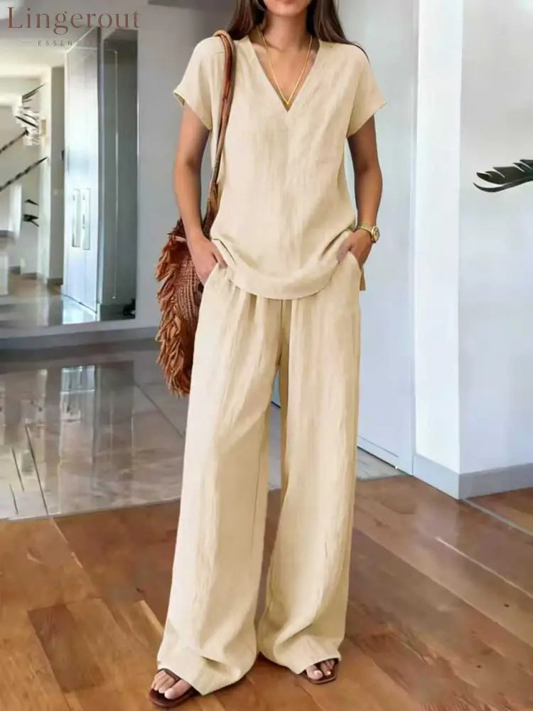 Linen V Neck Cap Sleeve Top & Elastic Waist Wide Leg Pants 2 Piece Co-Ord Set - Apricot / S